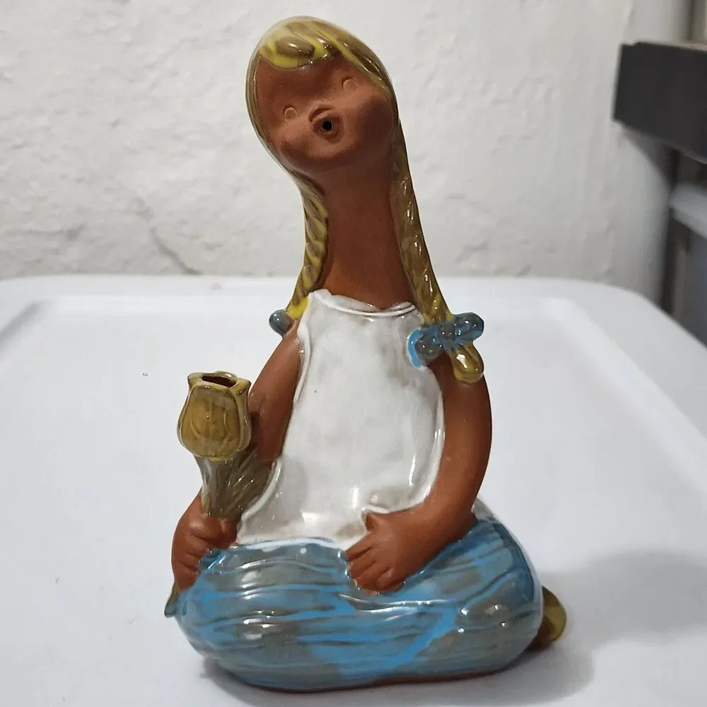 VTG MCM Art Pottery Stoneware Whistling Girl Head Vase Planter Clay Japan Style